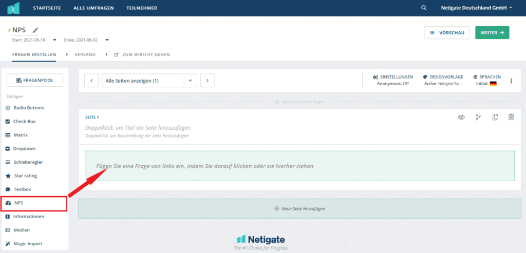 Die Netigate Plattform, in der man NPS-Umfragen erstellen kann. 