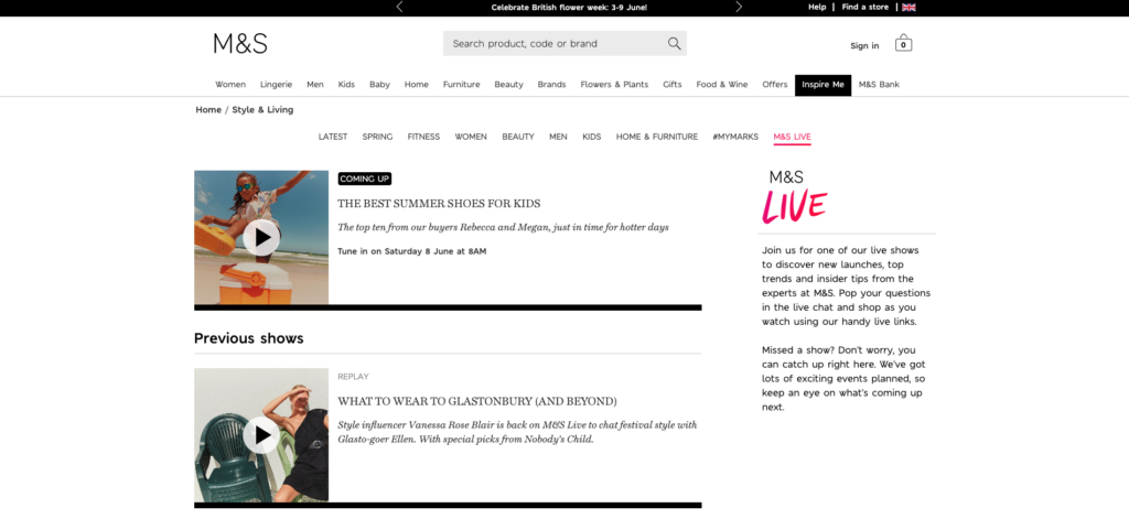 Marks & Spencer Webseite integriert mit Live Broadcast namens Inspire me für eine Omnichannel Customer Experience