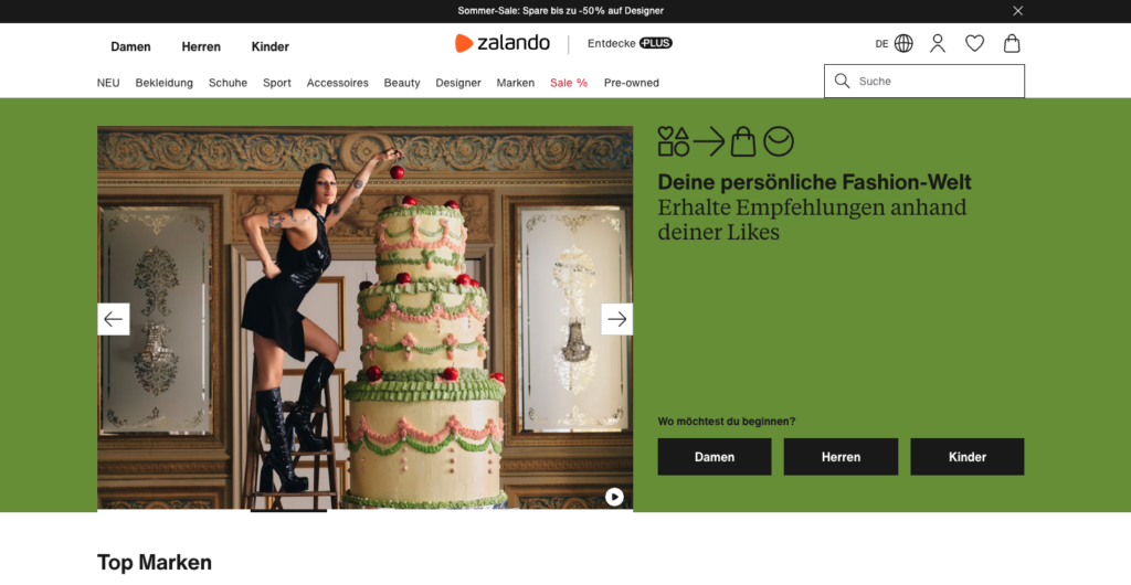 Zalando Webseite mit Option für Empfehlungen anhand von Likes
