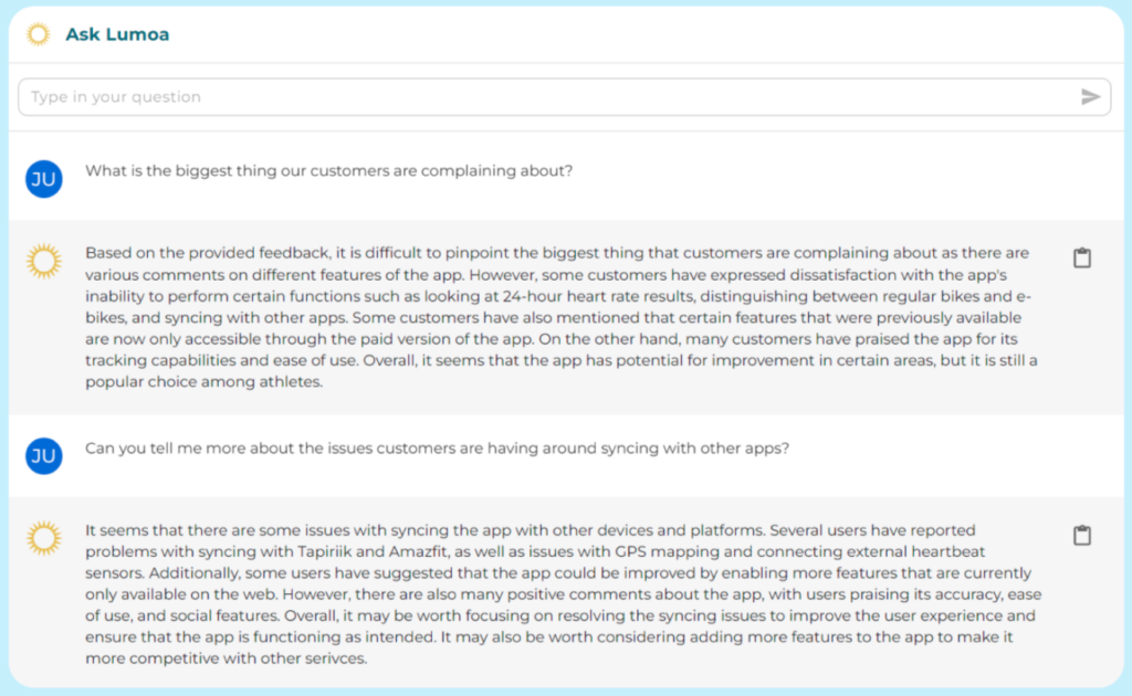 AskLumoa Screenshot Kundenbeschwerden als Frage an KI