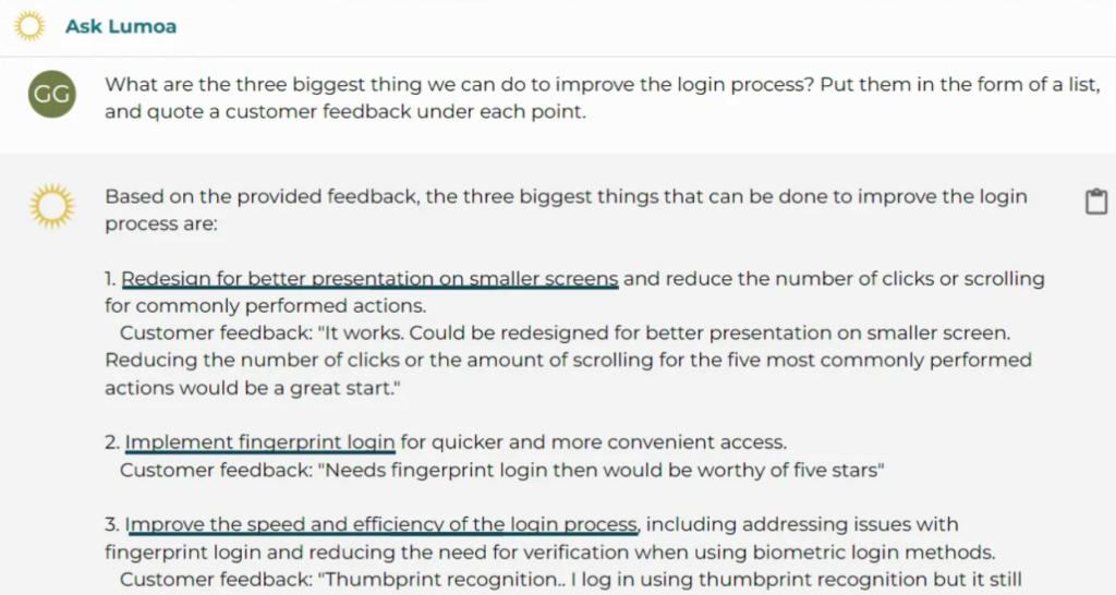 AskLumoa Screenshot Welche drei Verbesserungen schlägst du vor?