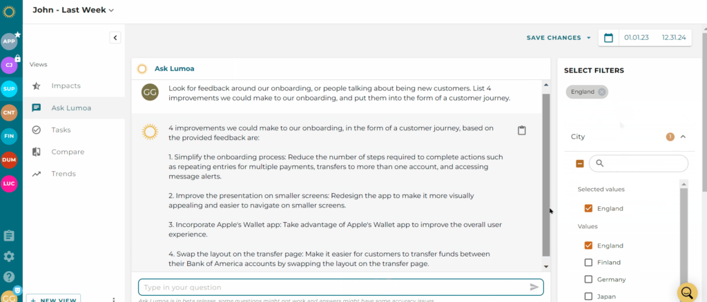 AskLumoa Screenshot mit Filter für geografische Gruppen