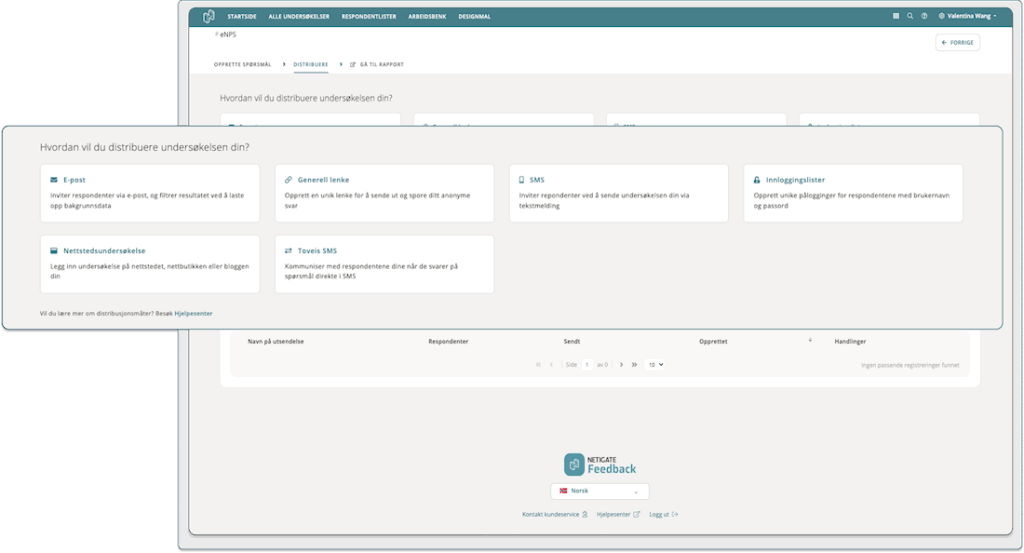 Distribusjonsmetoder i Netigate Feedback undersøkelsesverktøy