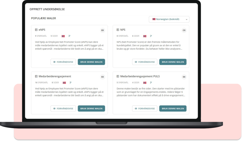 Eksempler på maler i Netigates spørreundersøkelsesverktøy
