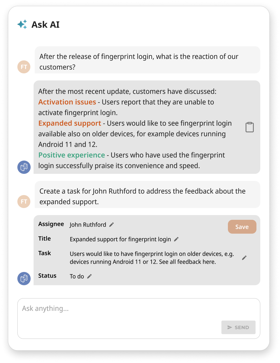 An example of a question that can be asked to Netigate Ask AI, the generative AI solution for Customer Experience, with follow up task creation