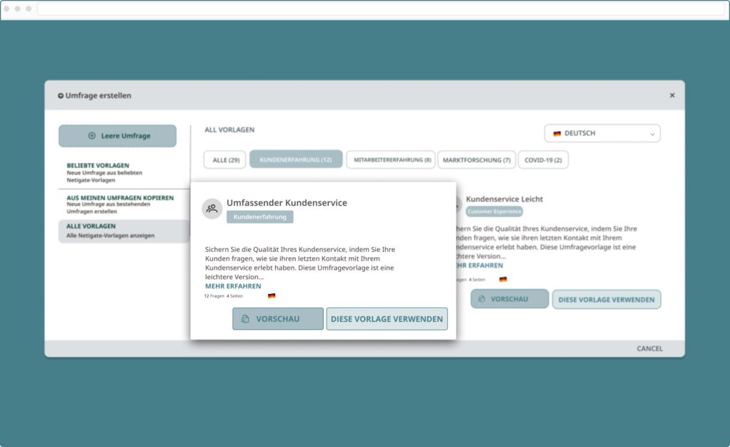 Mit dem Netigate Feedback-Tool kann man Vorlagen nutzen, um mehrere Umfragen zu erstellen. 