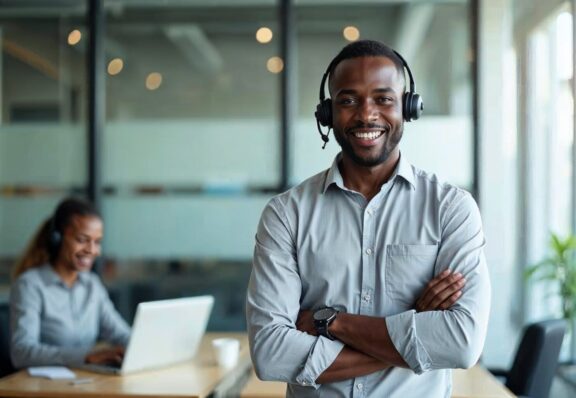 Smiling customer service team with headsets and laptop, illustrating efficient handling of customer inquiries in insurance.